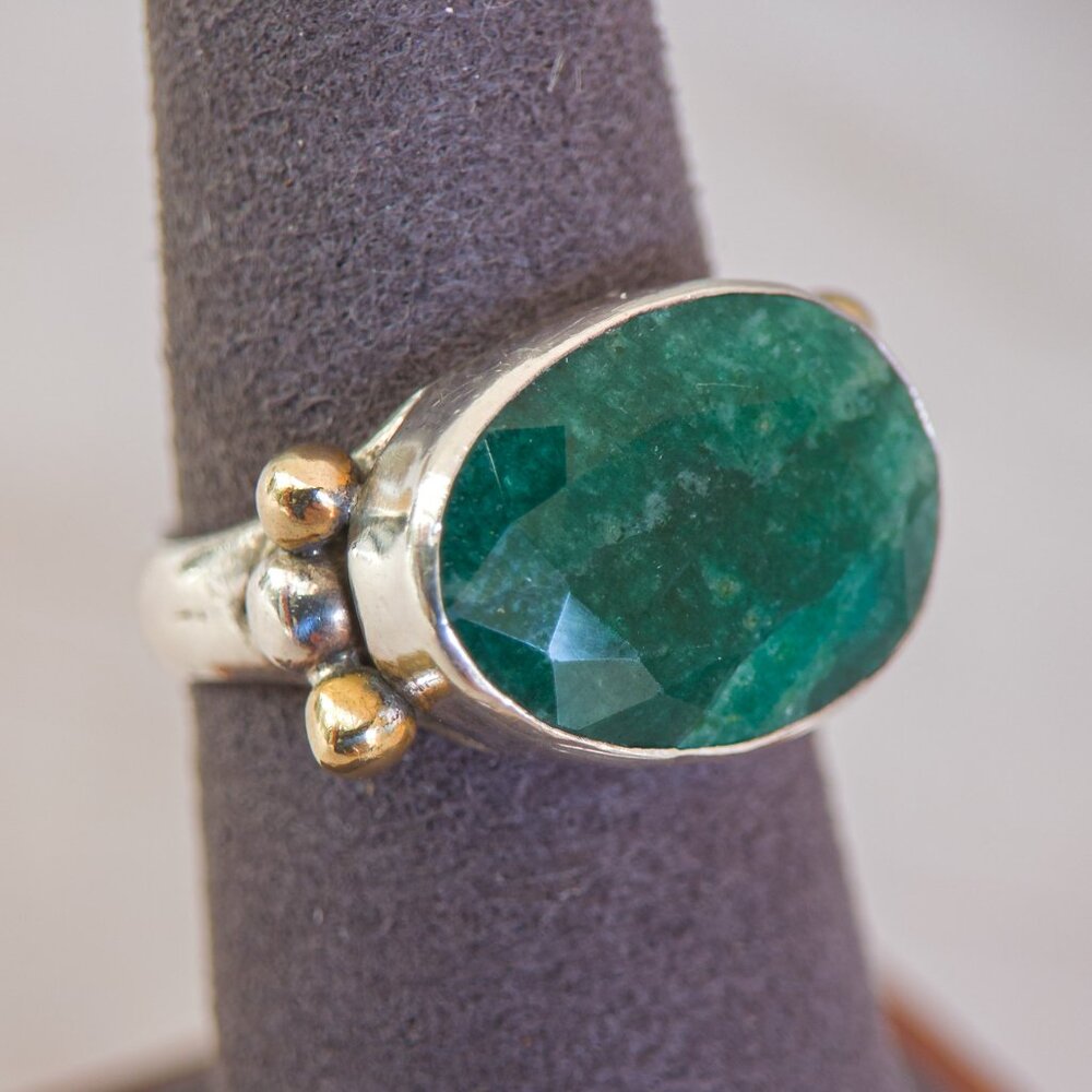 Sterling Silver & Brass Oval Emerald Ring Size 7.5